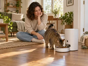 A person observing a tabby cat at a generic automatic cat feeder with camera and an open food bowl in a sunlit room