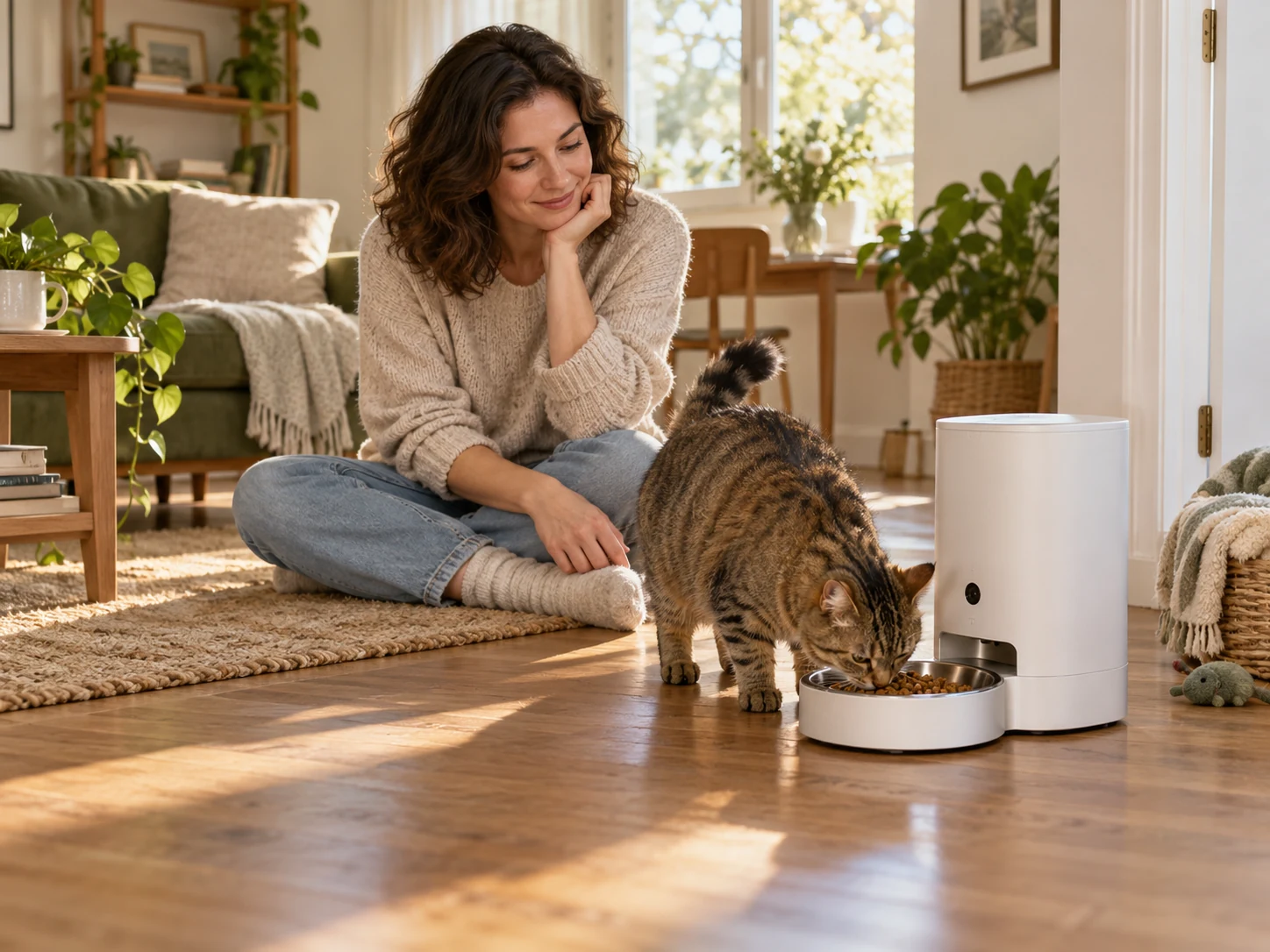 A person observing a tabby cat at a generic automatic cat feeder with camera and an open food bowl in a sunlit room