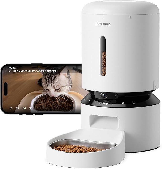 White PETLIBRO Granary PLAF203 camera feeder with a single steel bowl containing kibble and an illustrative phone view of a cat eating