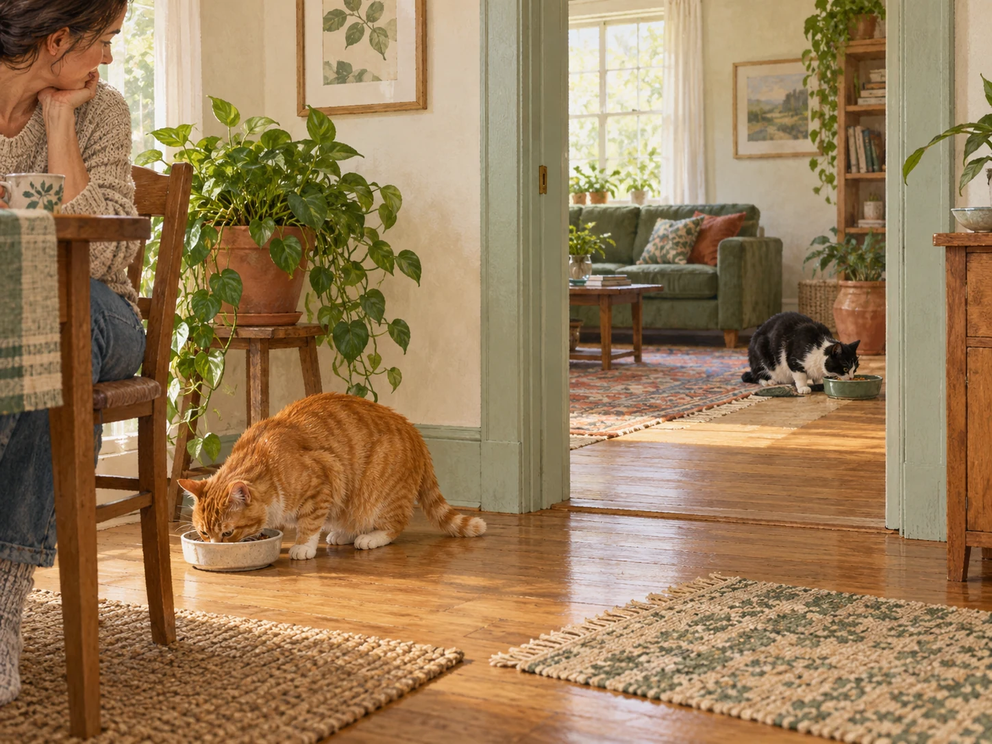A ginger cat at a bowl in one quiet room and a black-and-white cat at a separate bowl beyond an open doorway