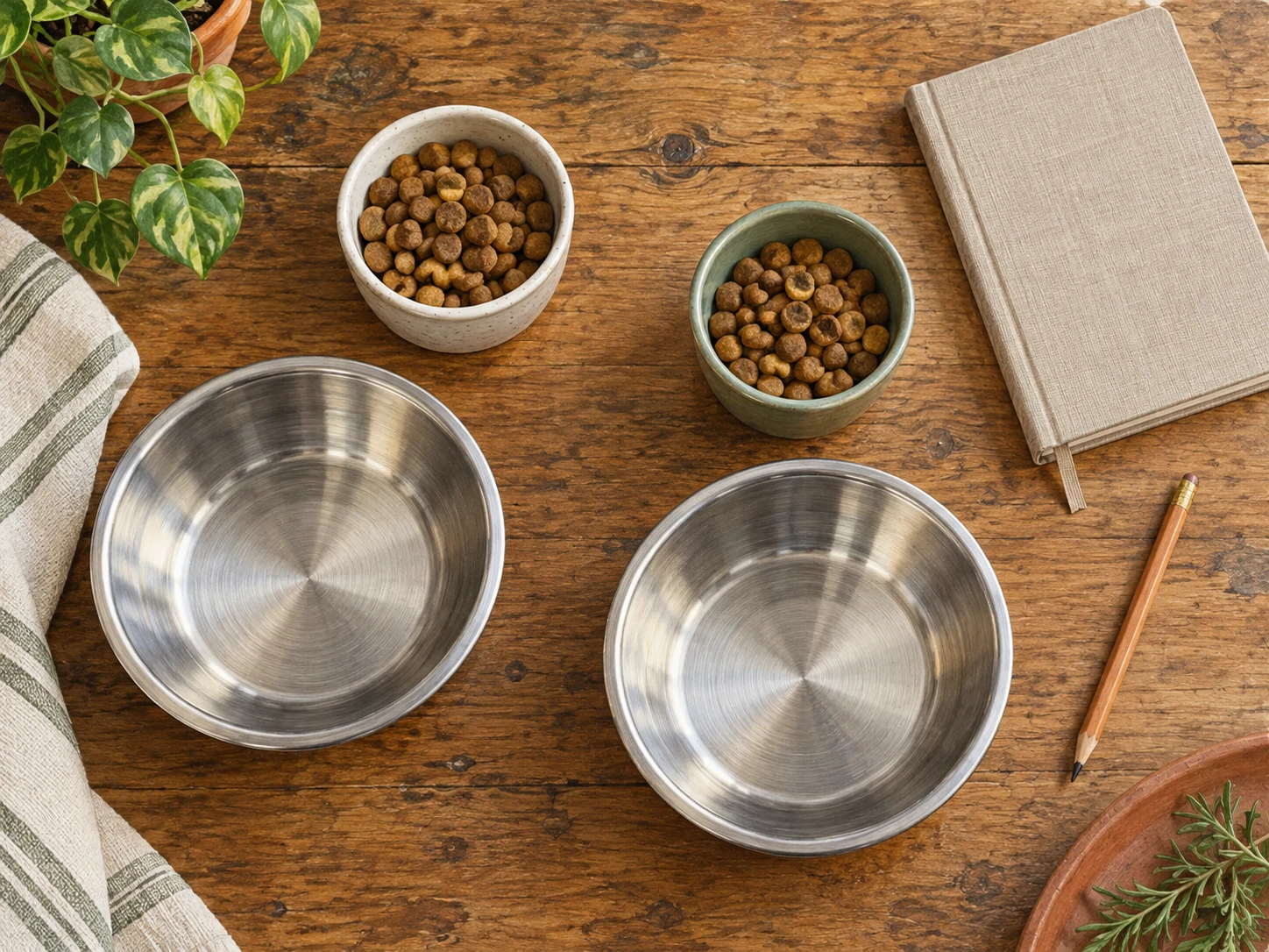 Two empty steel bowls, two small cups of kibble and a closed notebook arranged on a light wooden table