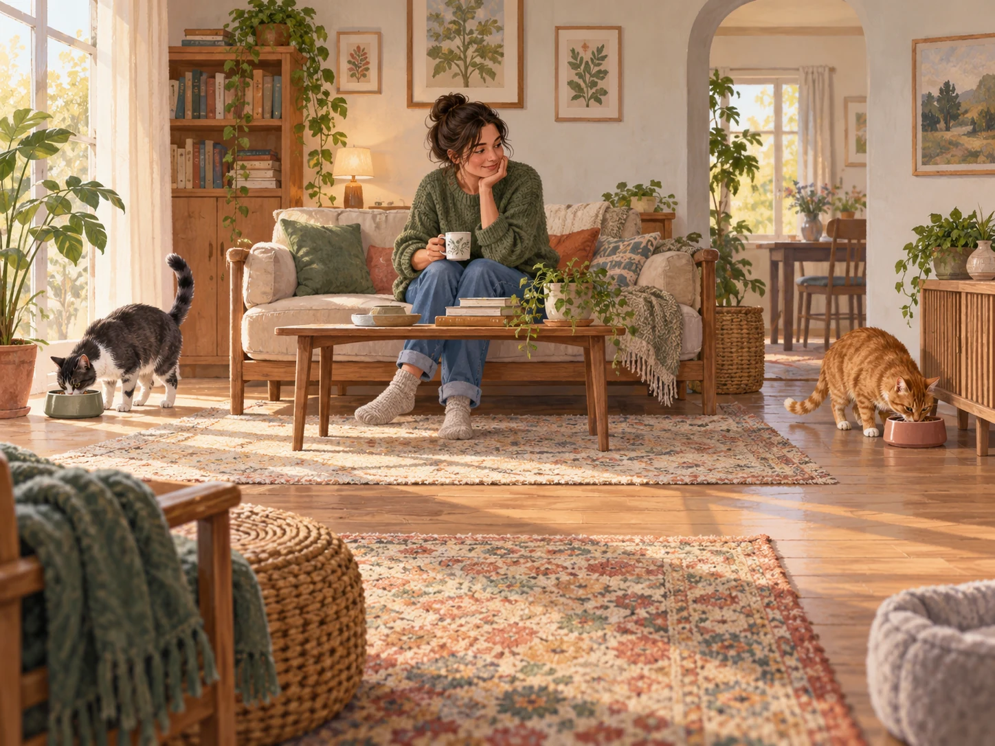Two cats eating from separate bowls at opposite sides of a warm living room while a person observes from the middle