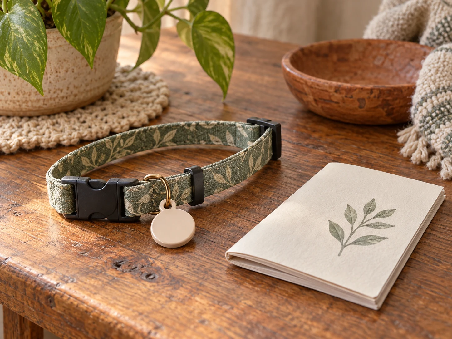 An ordinary breakaway-style cat collar with a small plain tag beside a closed instruction booklet on a dry wooden table