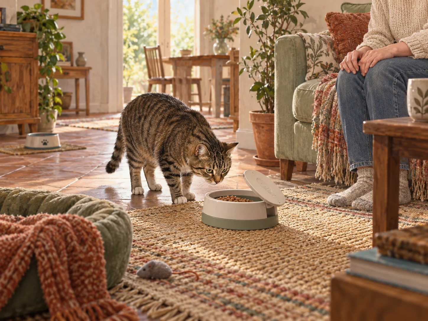 A cat investigating a generic lidded bowl during an RFID cat feeder introduction, with a person seated nearby