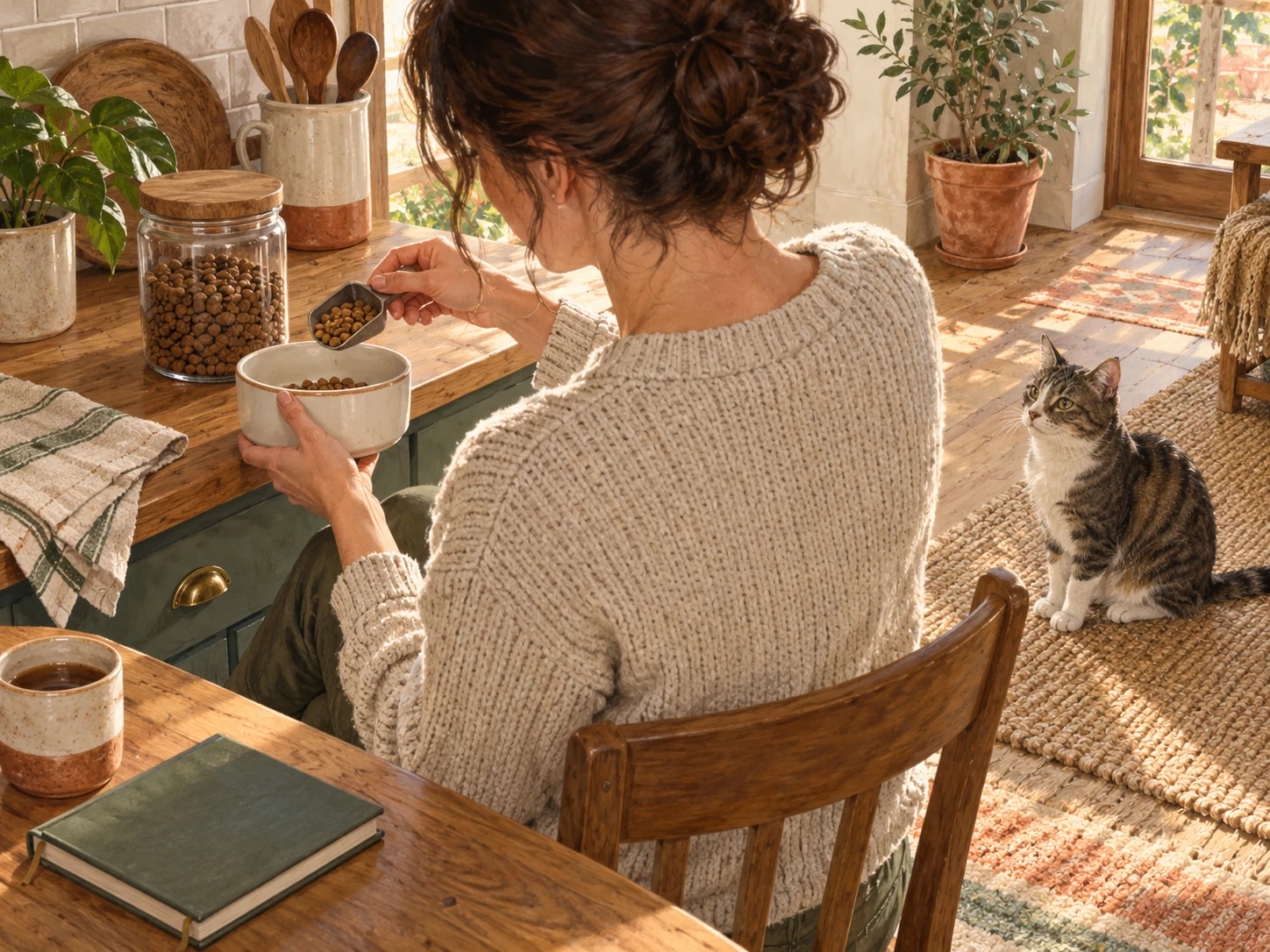 A caregiver preparing a plain bowl of dry food beside a closed notebook, with a cat waiting on the floor