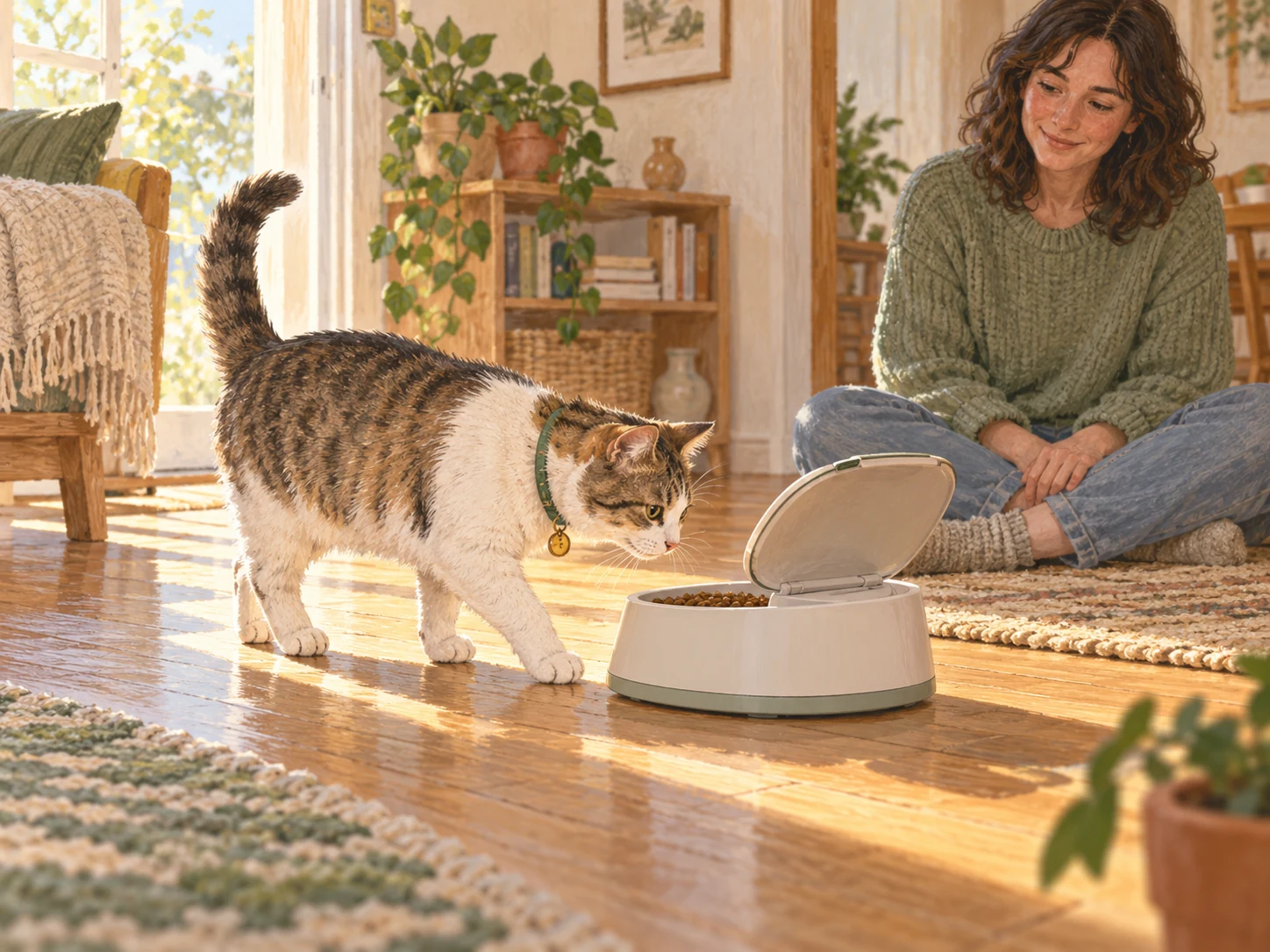 A cat wearing a small plain collar tag approaching a generic lidded feeding station as a caregiver observes nearby