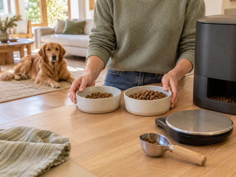 Adult hands compare dry kibble in two plain dishes beside a kitchen scale with no readable display.