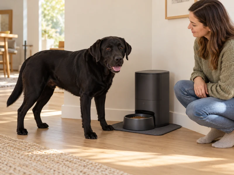 A large dog approaches a generic floor-level feeder while a person checks the clear surrounding space.