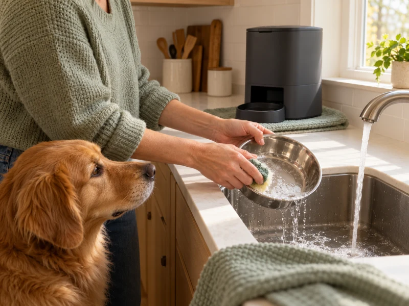 A person washes a plain removable steel pet bowl while the dry unpowered feeder body remains away from the sink.