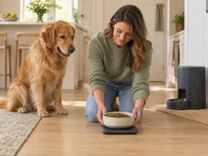 Large dog beside a person preparing a measured dry-food meal, with an unbranded feeder in the background.