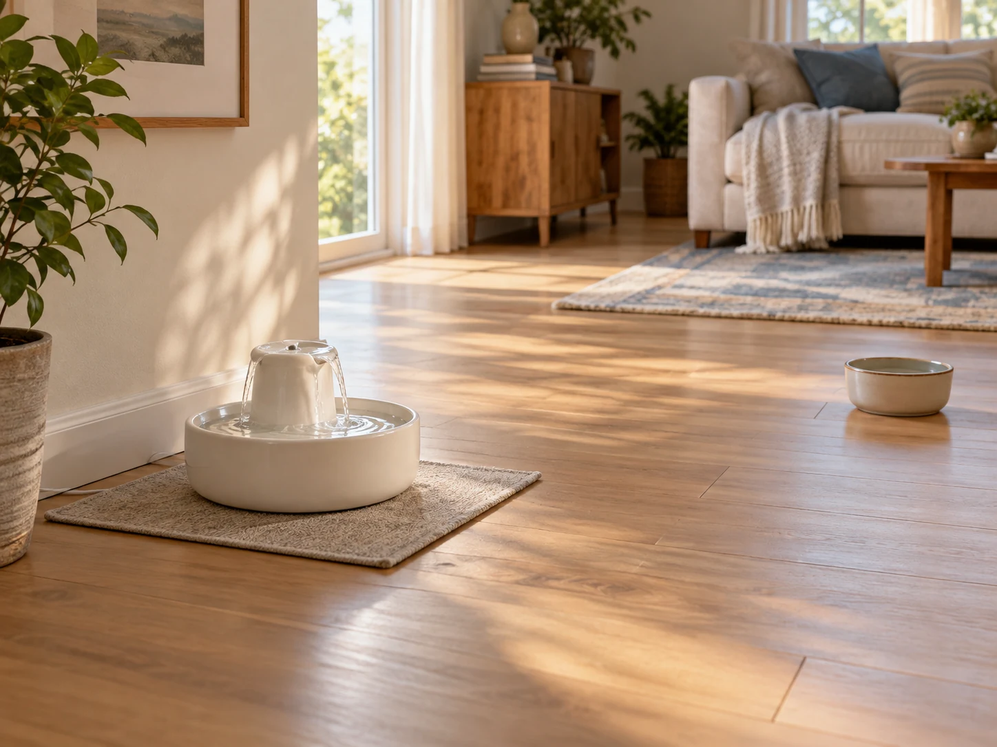 An unbranded ceramic cat water fountain on a dry mat with open floor space around the drinking area