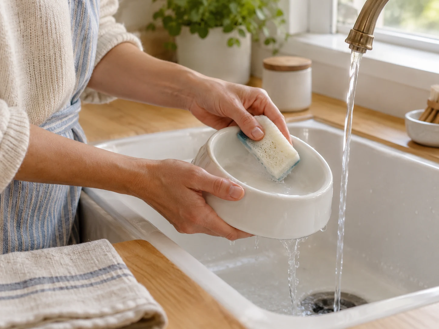 Hands gently washing a removable plain ceramic water bowl over a utility sink, with electronics absent from the washing area