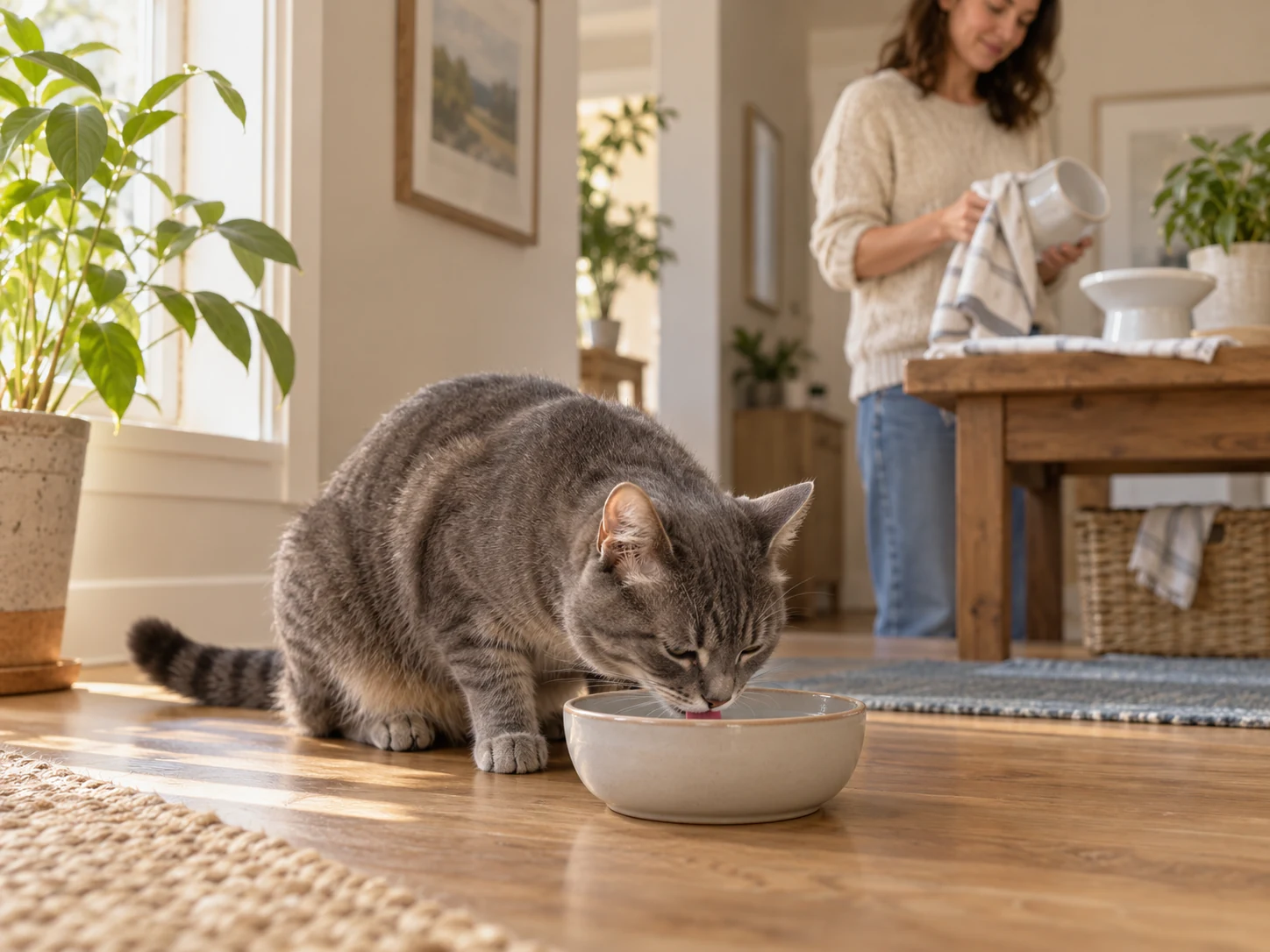 A cat drinking from a plain backup water bowl while a person dries ceramic fountain parts on a separate surface