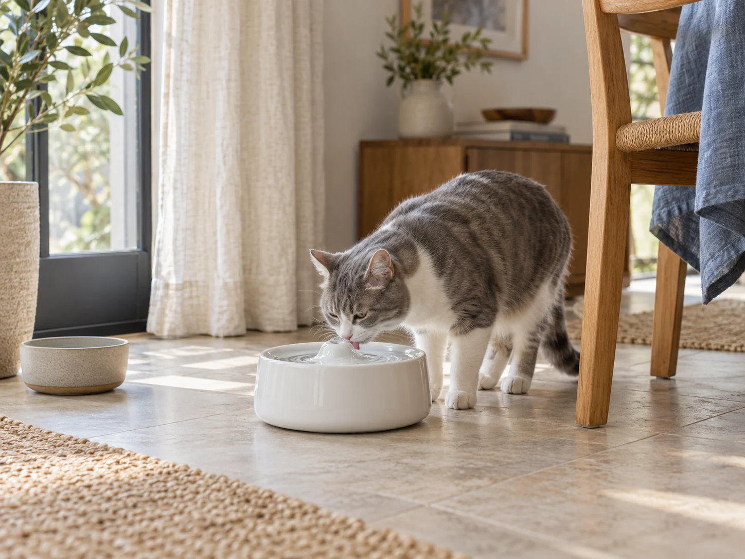 A grey-and-white cat drinking from a generic ceramic cat water fountain in a quiet sunlit home