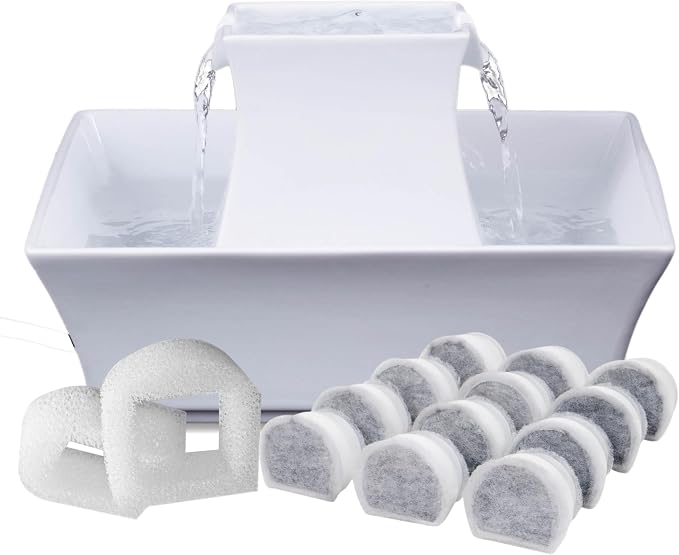 Selected PetSafe bundle image showing the white ceramic Pagoda bowl and tower with two water streams and the included filter-pack graphics