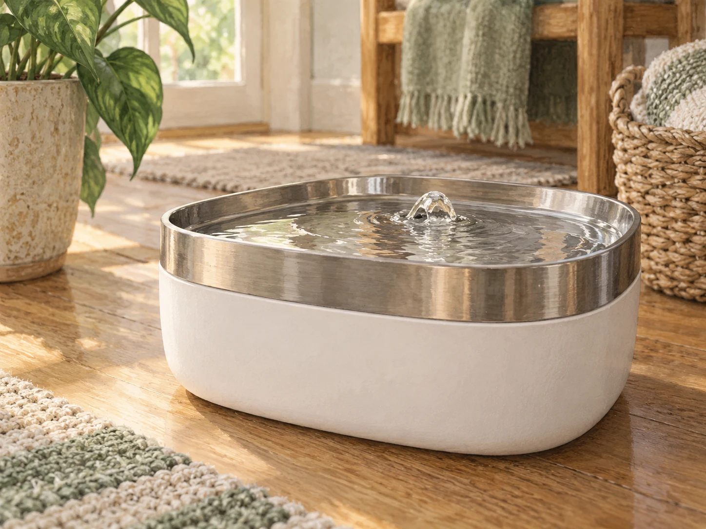 Close view of a generic stainless steel cat water fountain tray above a matte white plastic lower body