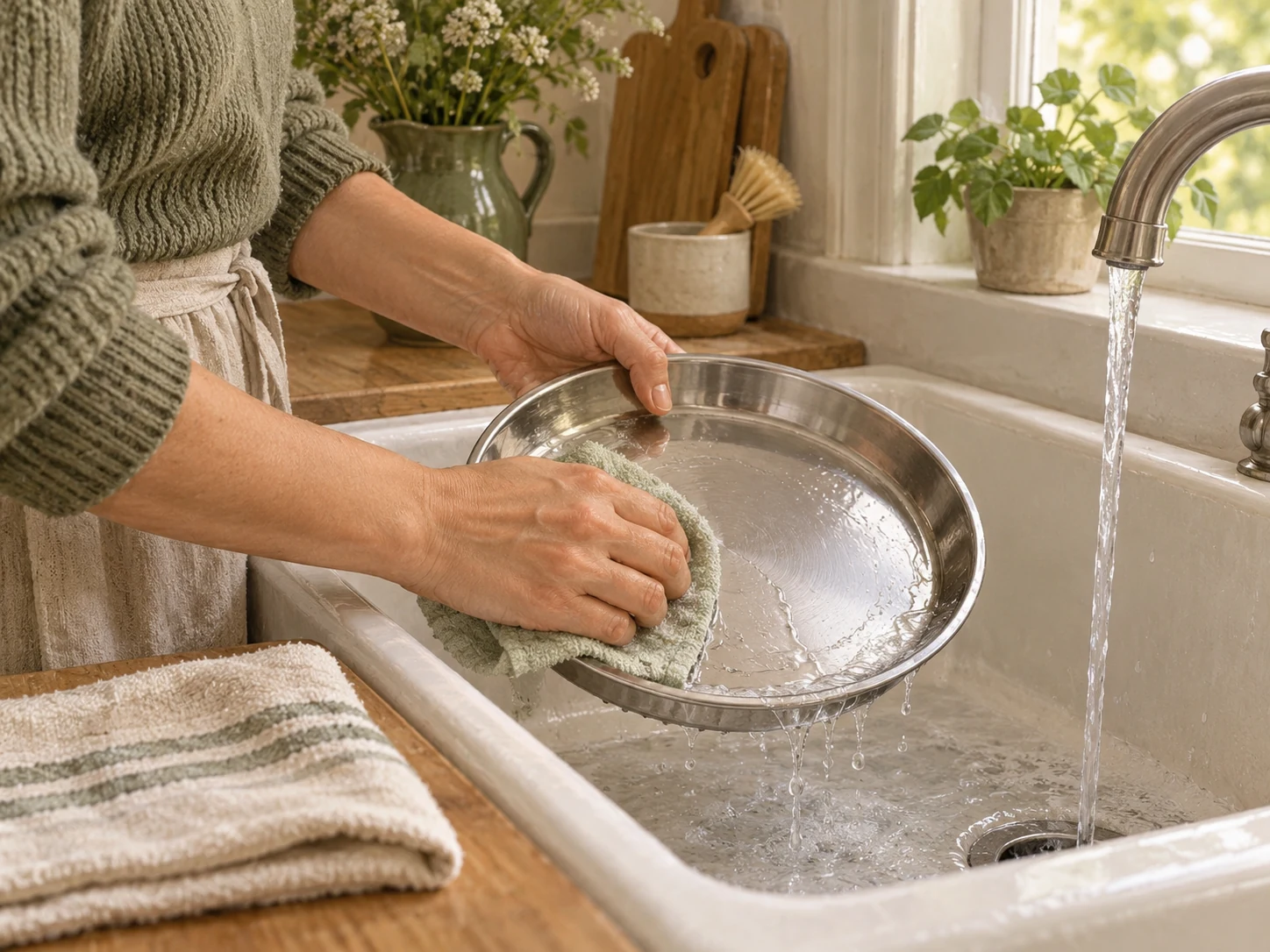 A person hand-cleaning a plain steel drinking tray with a soft cloth over a utility sink