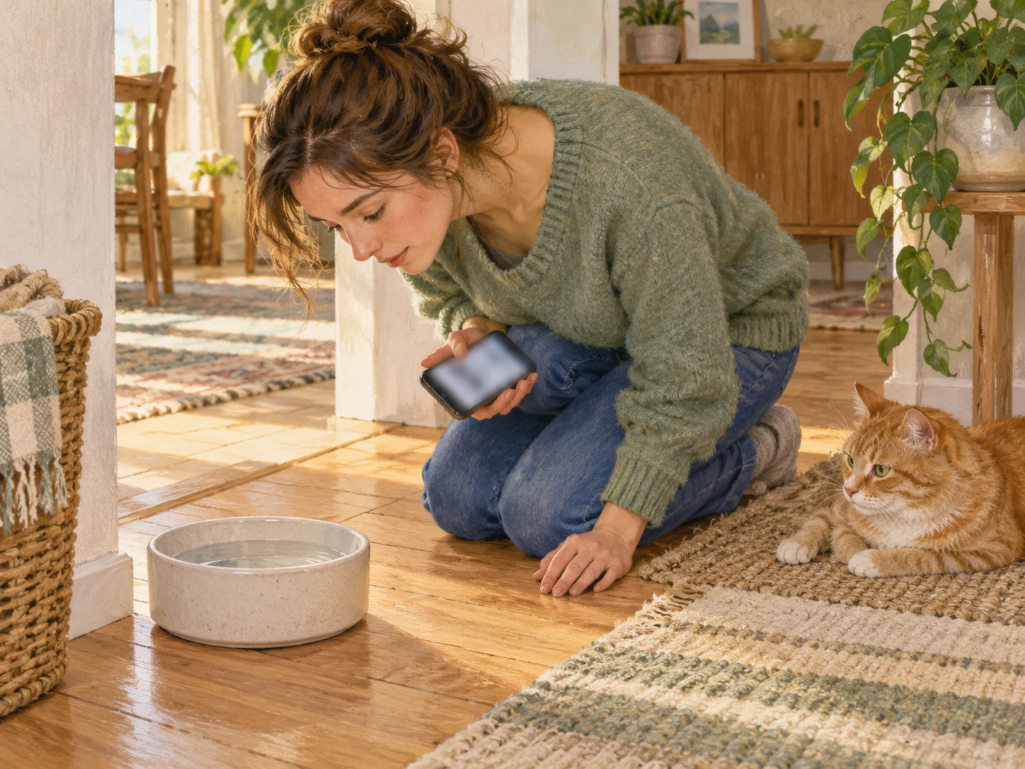 A caregiver checking a plain backup water bowl while holding a phone with an unreadable screen, with a cat nearby