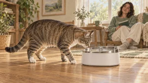 A tabby cat approaching a generic water fountain with a steel drinking surface and a white plastic base