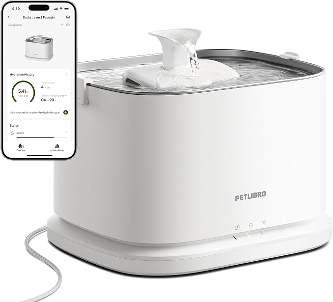 PETLIBRO Dockstream 2 white plug-in fountain with a silver drinking tray, attached power lead and illustrative phone app screen