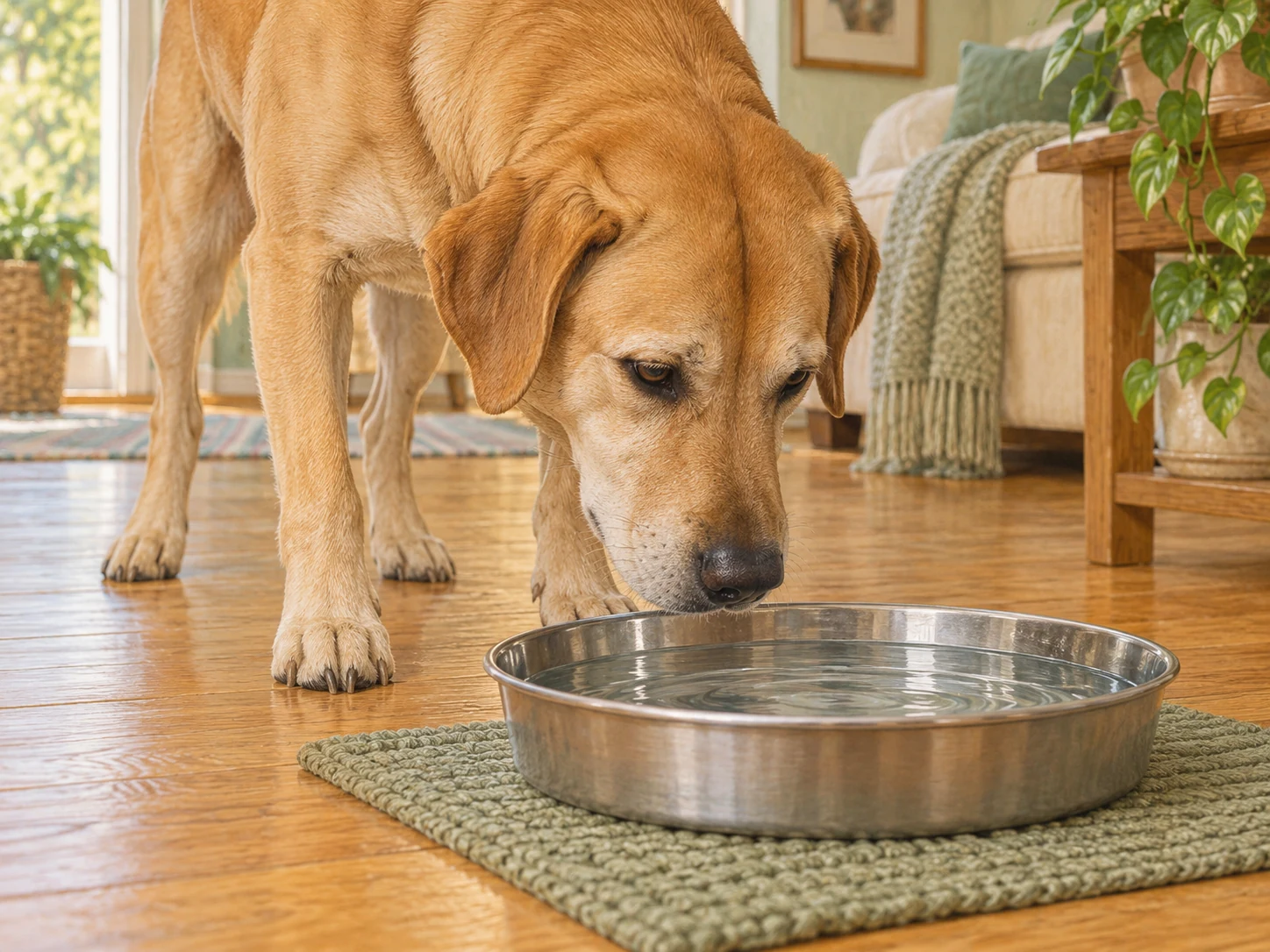 A large dog's muzzle reaching an open broad drinking surface with clear floor space around the water station