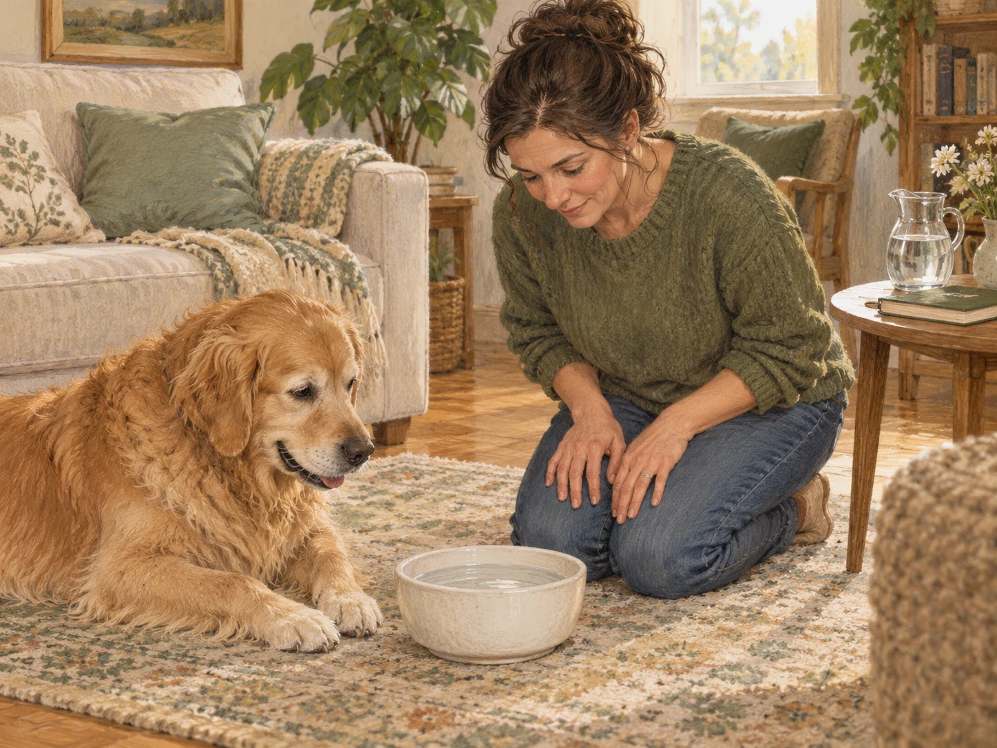 A caregiver inspecting a plain water bowl while a large dog waits nearby and a closed care notebook rests on a side table