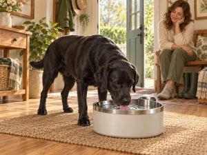 A large black Labrador drinking from a broad generic dog water fountain while a caregiver observes