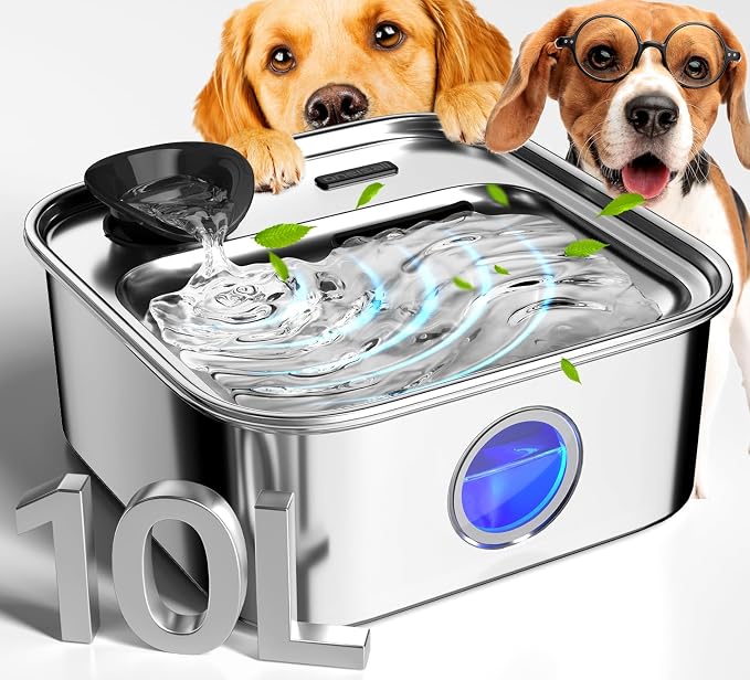 oneisall promotional main image showing the stainless-steel fountain with corner spout and blue water window, two dogs and a large 10L capacity graphic