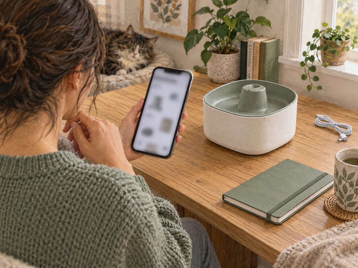 A caregiver checking instructions on a phone beside an unplugged generic fountain and a closed notebook