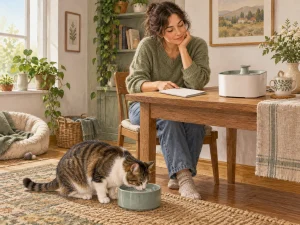 A cat using a plain backup water bowl while a caregiver reviews instructions beside a dry generic fountain