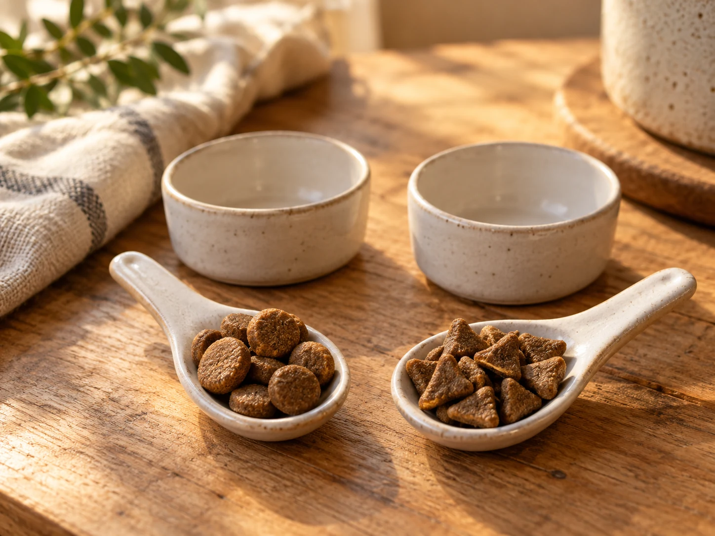 Two small spoons holding differently shaped dry kibble beside empty plain cups on a wooden surface