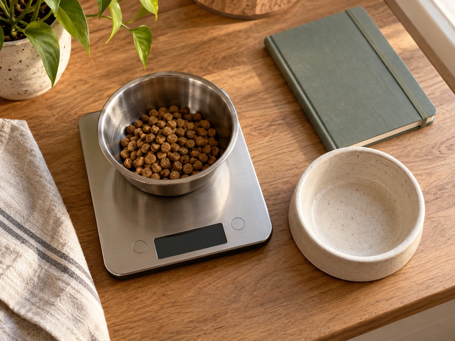 A generic scale and kibble bowl for checking PETLIBRO automatic cat feeder portion size
