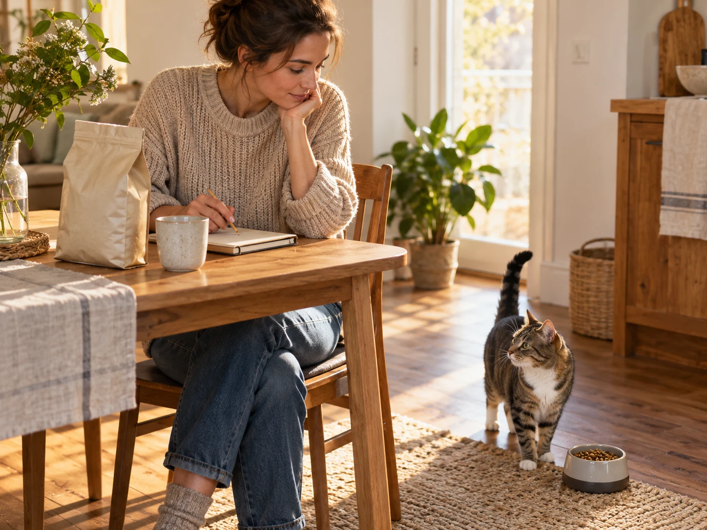 A caregiver reviewing notes and a dry food supply while a cat stands beside its ordinary food bowl