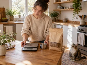 A person preparing a kibble portion check with a blank-display kitchen scale while a cat waits nearby