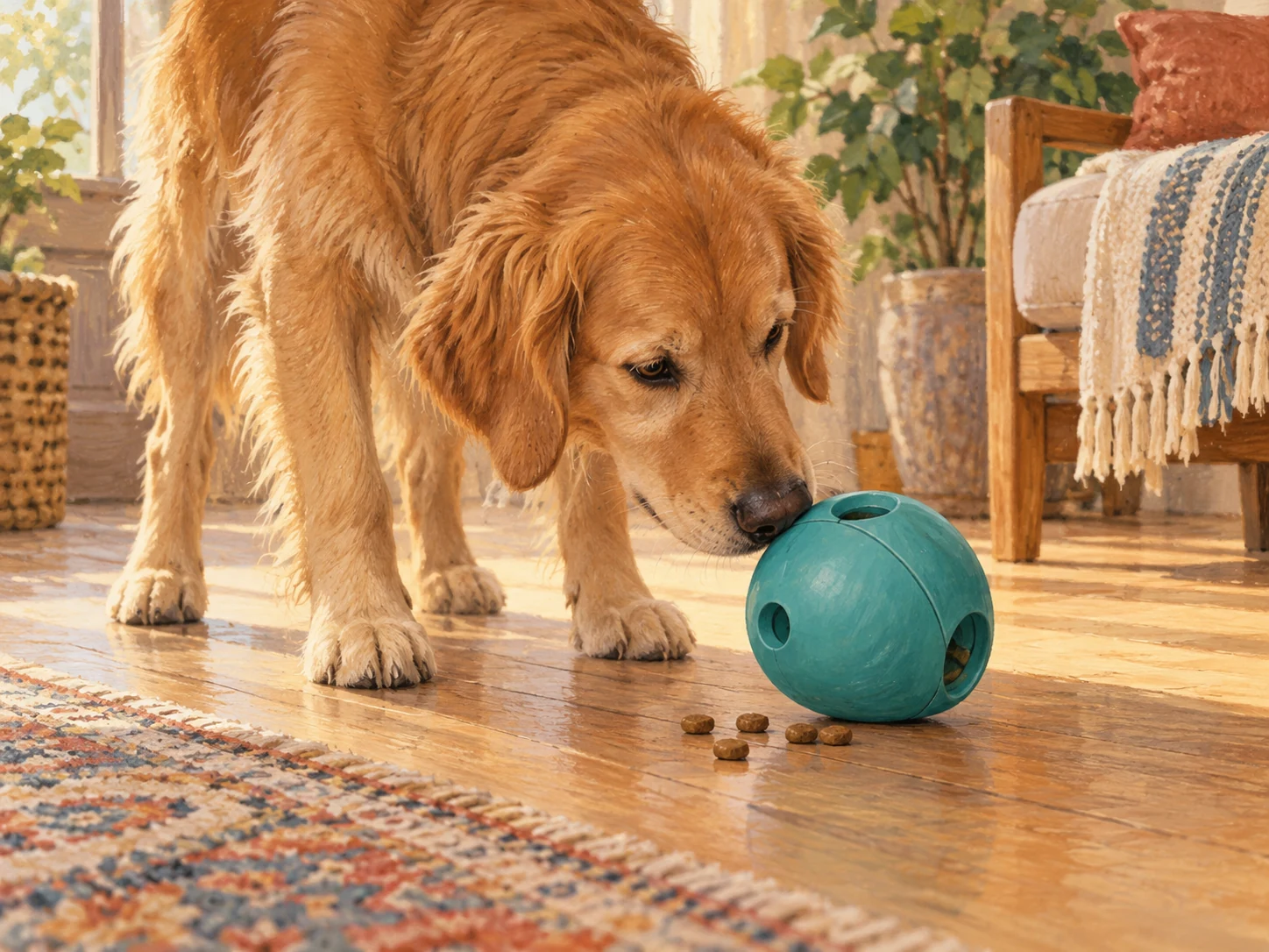A dog gently nudging a generic food dispenser with its nose while a few dry pieces lie beside it