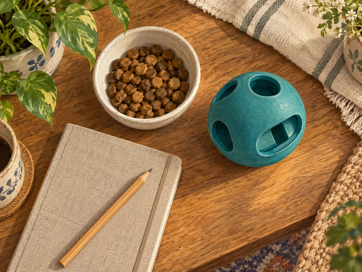 A small plain bowl of dry food beside a closed notebook and a generic food toy on a clean table