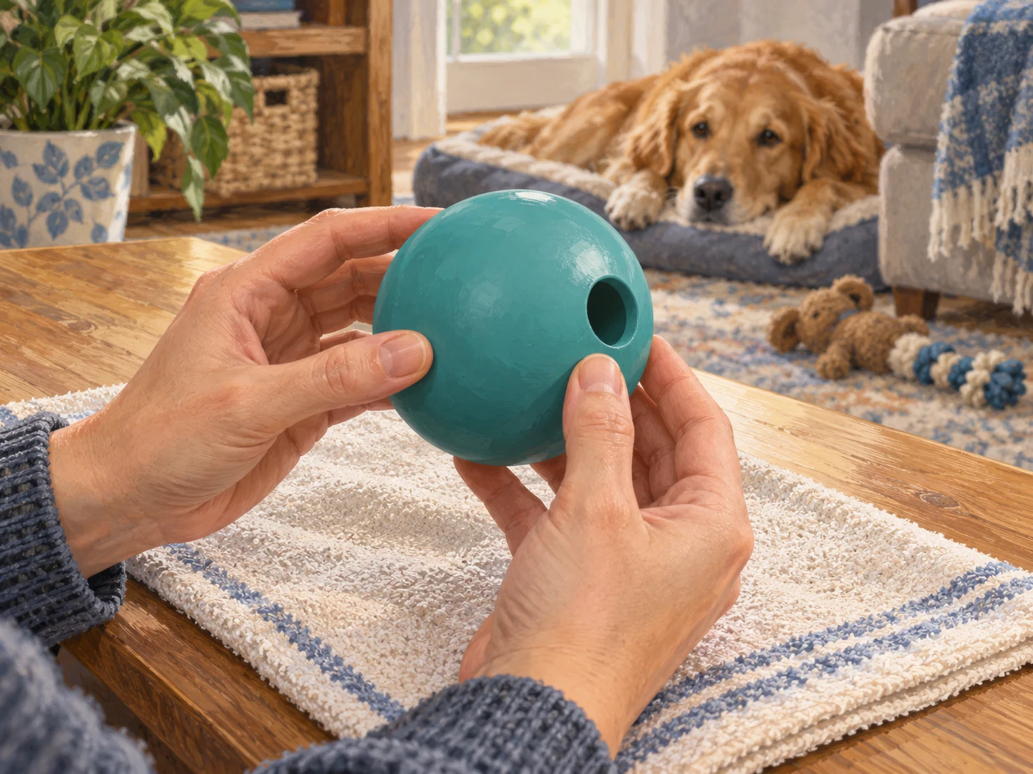 Hands inspecting the side opening of a smooth round generic food-dispensing ball while the dog rests away from it