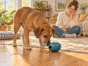 A dog investigating a generic rounded food-dispensing toy on clear floor space while a caregiver supervises