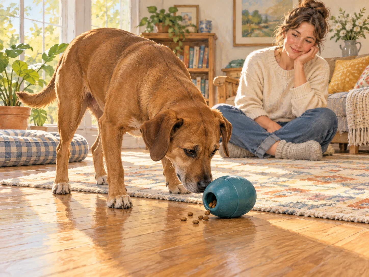 A dog investigating a generic rounded food-dispensing toy on clear floor space while a caregiver supervises