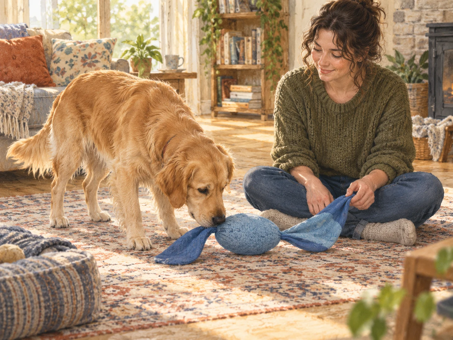 A dog sniffing a generic fabric toy held low and loosely by a seated caregiver