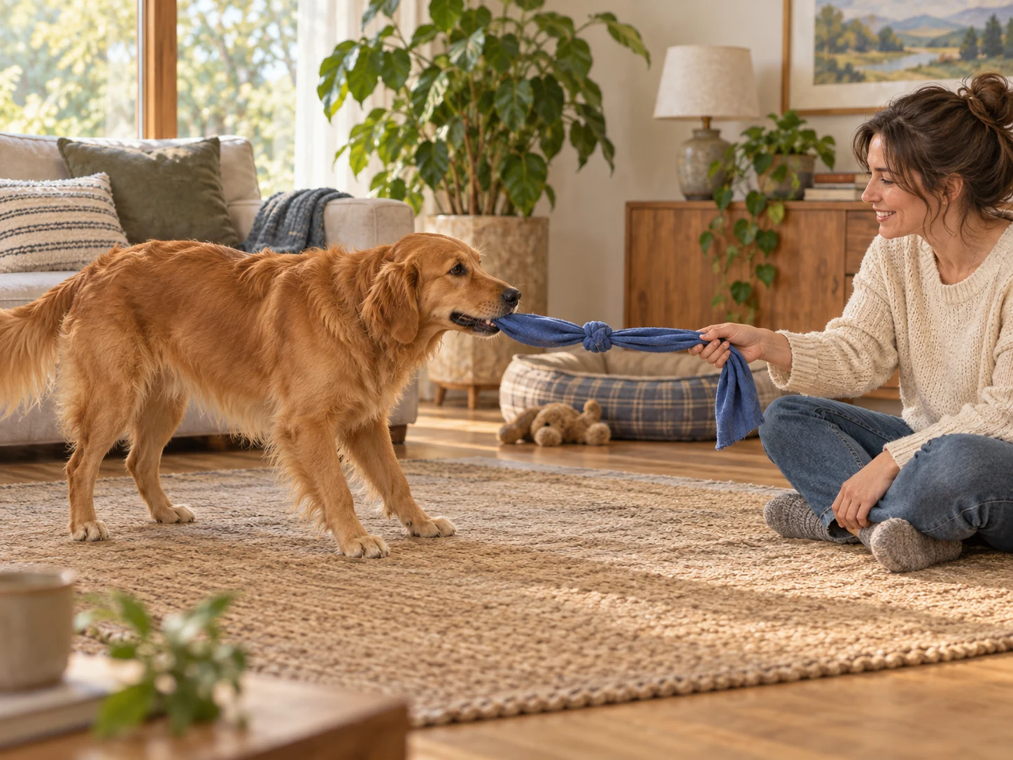 A dog and caregiver engaging in a low gentle tug with a generic fabric toy and the dog's paws on the floor