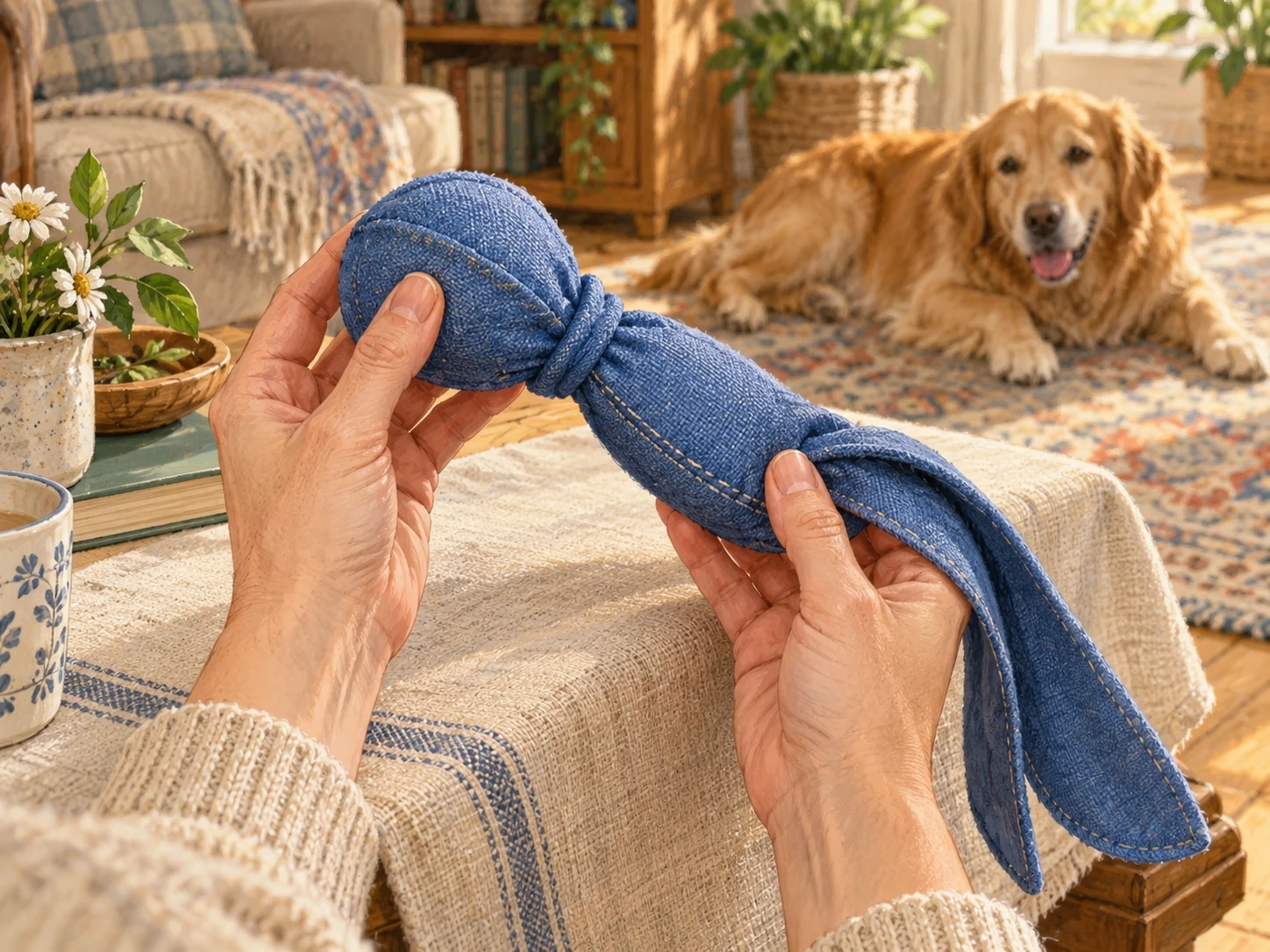 Hands inspecting the intact seams and tails of a plain fabric toy on a table while the dog rests elsewhere