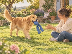 A dog carrying a generic fabric toy across a level lawn while a caregiver watches