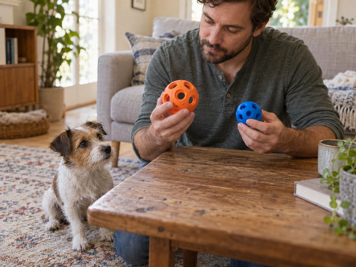 A caregiver comparing dog toys for small dogs by holding two generic rubber toys of different sizes while a terrier waits on the floor