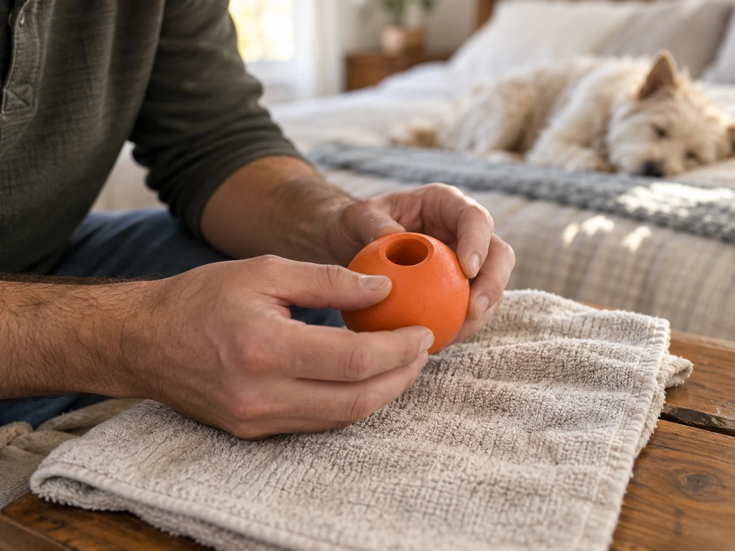 A person inspecting an intact hollow rubber toy on a clean towel while a small terrier rests in the background