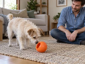 A small terrier investigating a generic hollow rubber toy while a caregiver supervises on the floor