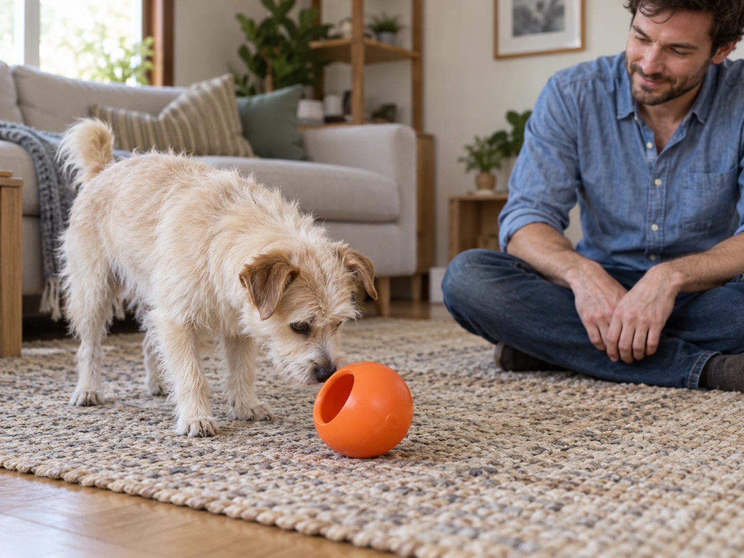 A small terrier investigating a generic hollow rubber toy while a caregiver supervises on the floor