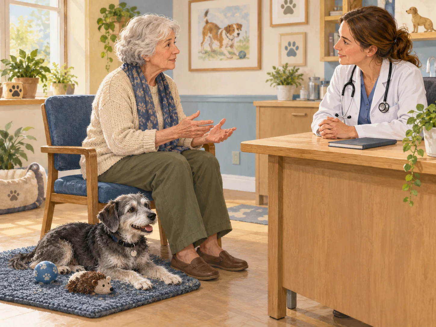 A caregiver discussing an older dog's change in play with a veterinary professional while the dog rests on the floor