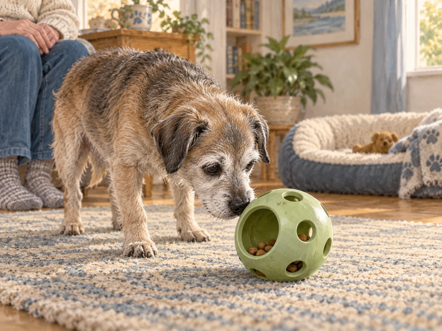 An older dog investigating an easy-to-reach food toy, illustrating accessible dog toys for senior dogs