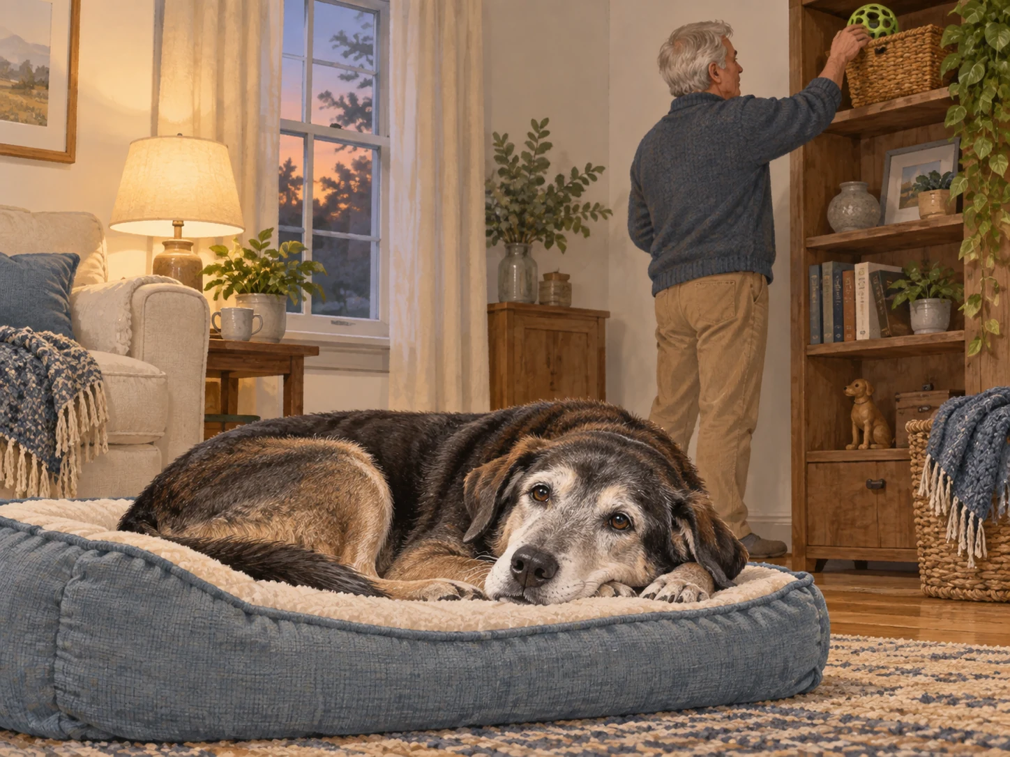 An older dog resting on its bed after a quiet activity while a caregiver puts the generic toy away